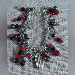 New Handmade Black, White & Red Beaded Silver Vampire Charm Bracelet